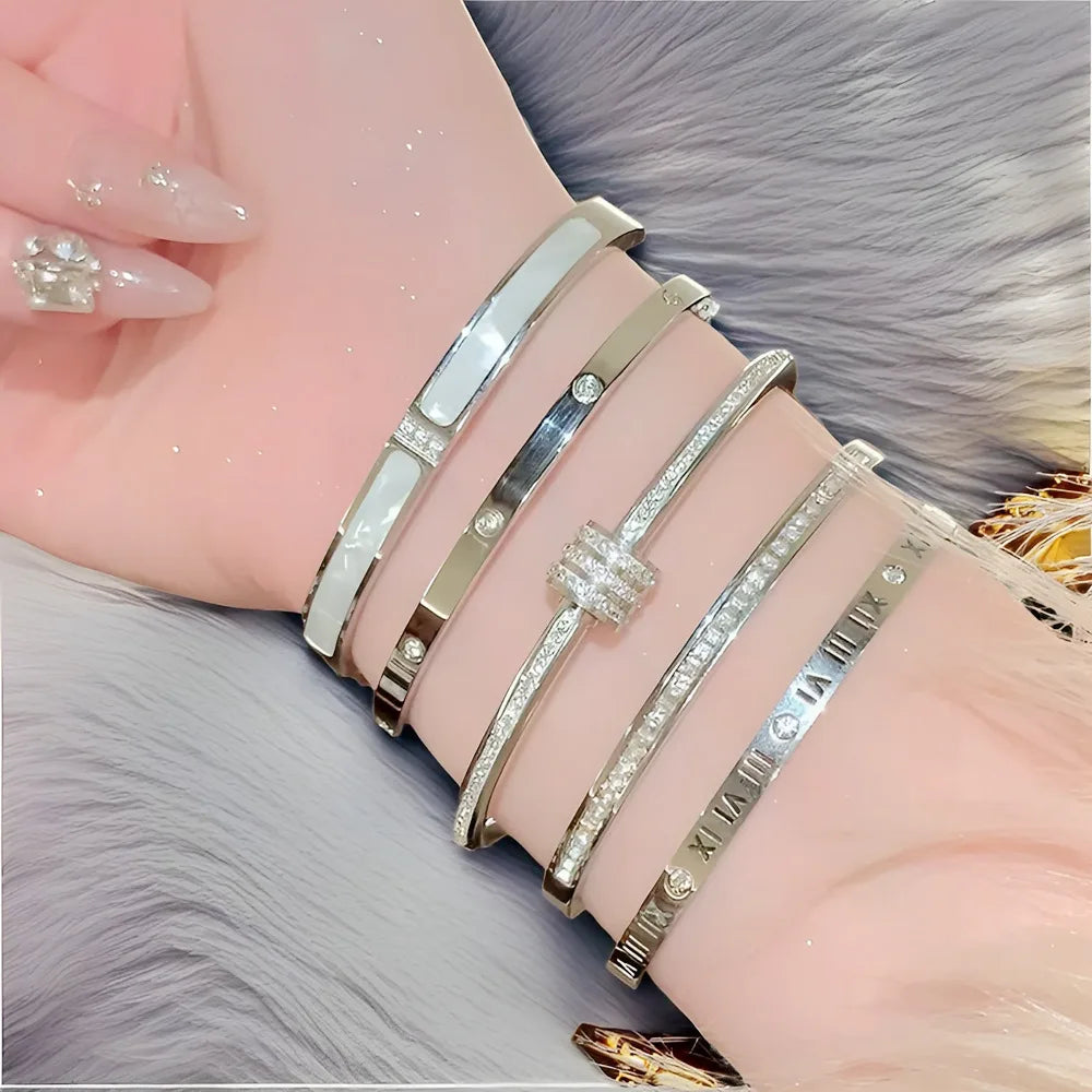 Yupsk 5Pcs/set Silver Color Stainless Steel Bracelet Shiny Zircon Inlaid Stackable Bangles Female Jewelry Gift