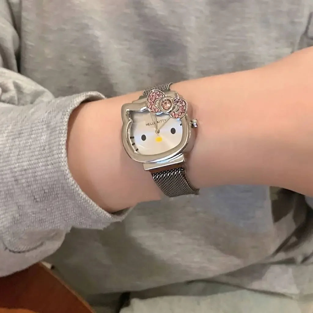 Hello Kitty Bow Diamond Watch Sanrio Anime Fashionable Quartz Watches Cute Cartoon Magnet Watches Girls Birthday Gifts