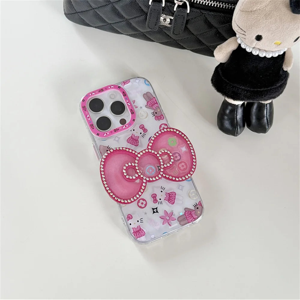 Korean INS New Hellokitty Flash drill Big bow Phone Case For iPhone 13 14 15 16 Pro Max Funda with stand cute shock-proof cover