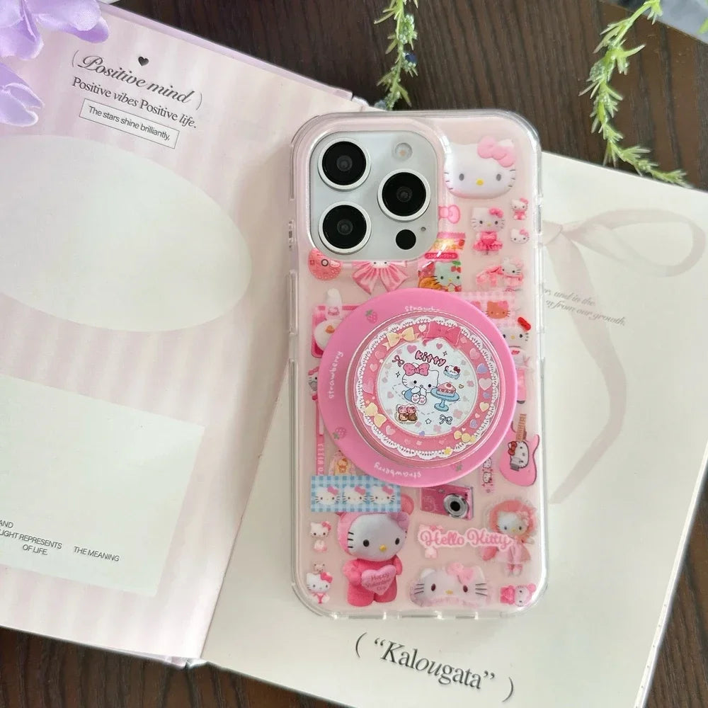 Sticker 3D Cute Sanrio Hello Kitty Magnetic Holder Magsafe Wireless Charge Phone Case For iPhone 17 16 15 14 13 Pro Max Cover