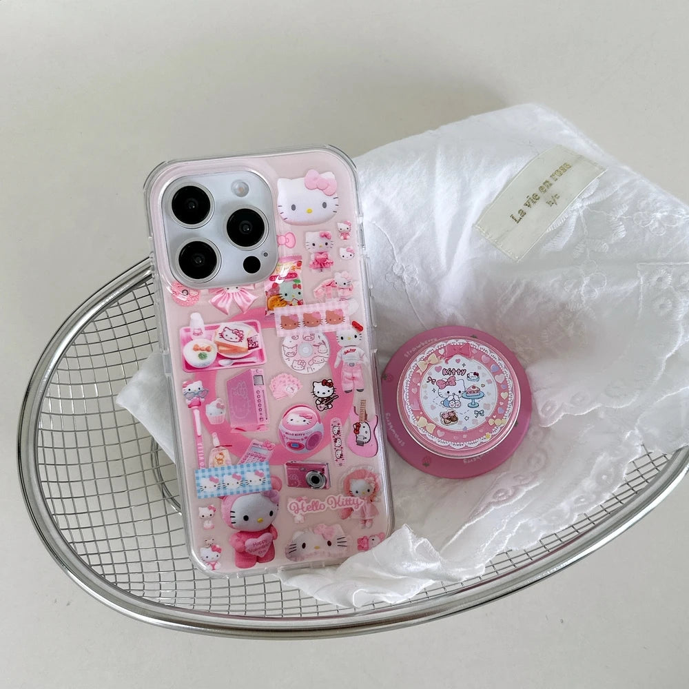 Sticker 3D Cute Sanrio Hello Kitty Magnetic Holder Magsafe Wireless Charge Phone Case For iPhone 17 16 15 14 13 Pro Max Cover