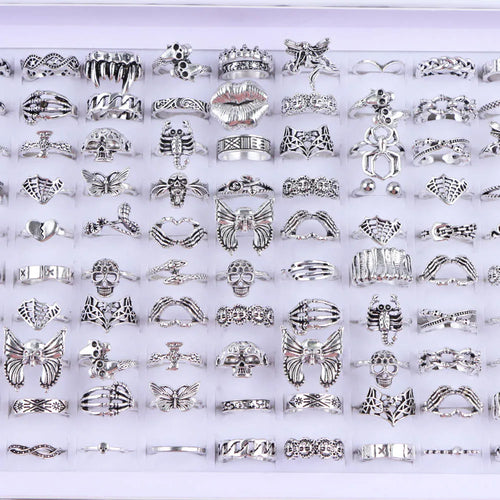 10/20/30/50Pcs/Lot Punk Finger Ring Set For Men Women Mix Style Flower Tai Ji Heart Love Snake Jewelry Party Gifts