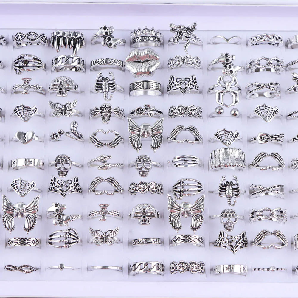 10/20/30/50Pcs/Lot Punk Finger Ring Set For Men Women Mix Style Flower Tai Ji Heart Love Snake Jewelry Party Gifts