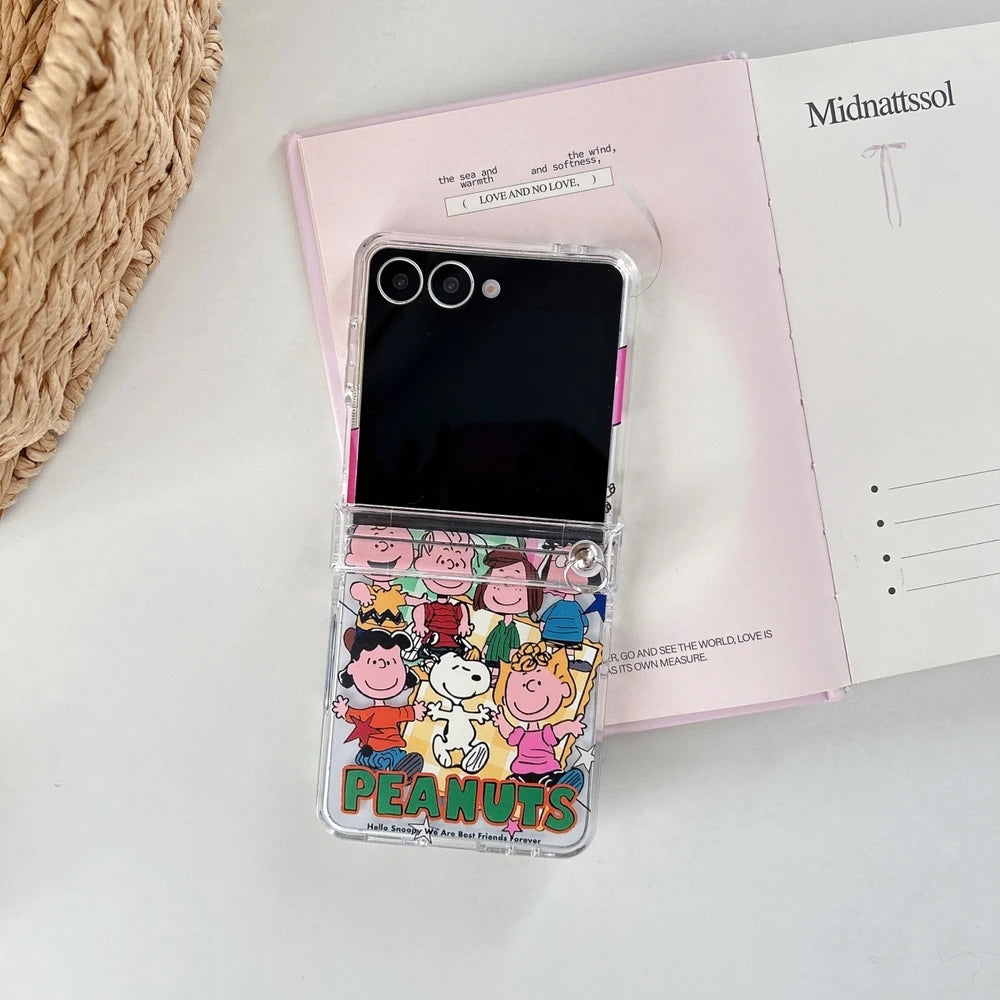 Cute Cartoon Snoopy Charlie Brown Stand Holder Phone Case For Samsung Galaxy Z Flip 7 6 5 4 3 Case Hard TPU Cover With Lanyard