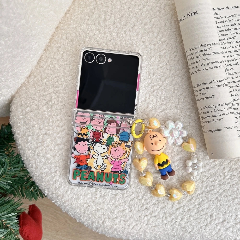 Cute Cartoon Snoopy Charlie Brown Stand Holder Phone Case For Samsung Galaxy Z Flip 7 6 5 4 3 Case Hard TPU Cover With Lanyard