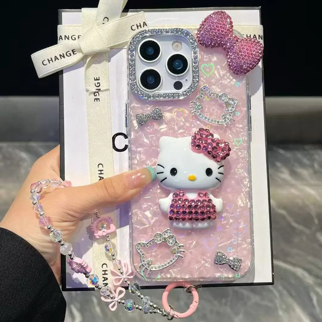 3D Stereoscopic Phone Case For iPhone 17 16 15 14 13 12 11 Pro Max Cute Cartoon Sanrio Hello Kitty Bling Glitter Hard Cover