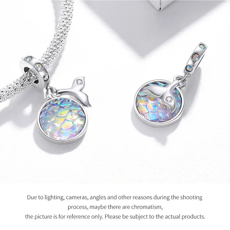 BISAER 925 Sterling Silver Charm Ocean Style Fish Dolphin Mermaid Shell Blue CZ Bead For Necklace&Bracelet DIY Fine Jewelry Gift