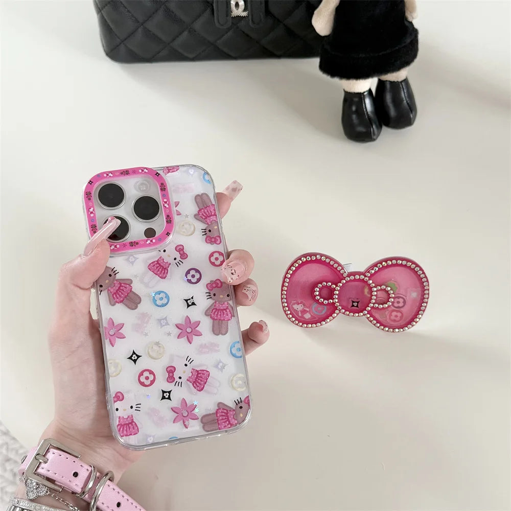 Korean INS New Hellokitty Flash drill Big bow Phone Case For iPhone 13 14 15 16 Pro Max Funda with stand cute shock-proof cover