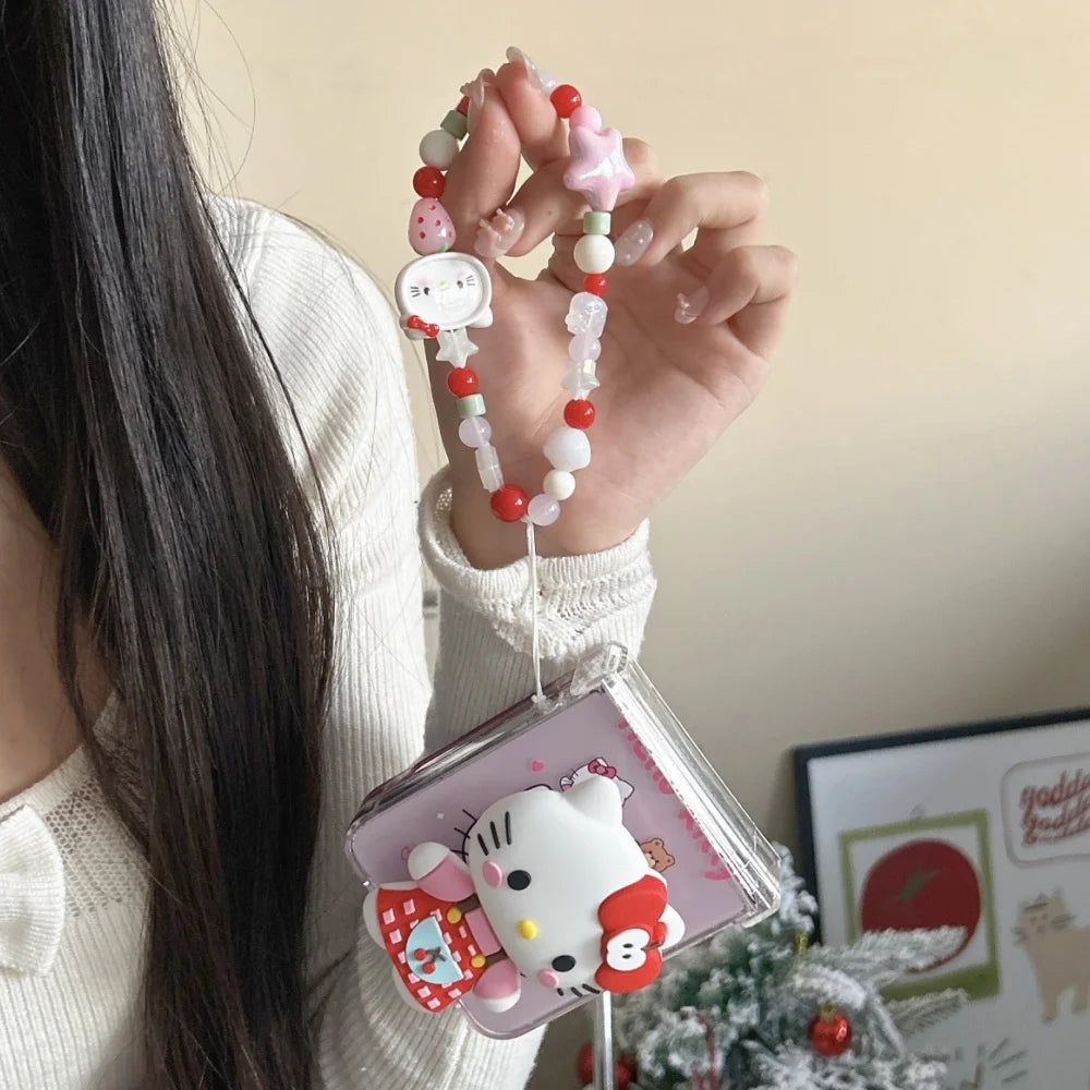 Cute Cartoon Sanrio Hello Kitty Stand Holder Phone Case For Samsung Galaxy Z Flip 7 FE  6 5 4 3 Case Hard TPU Cover With Lanyard