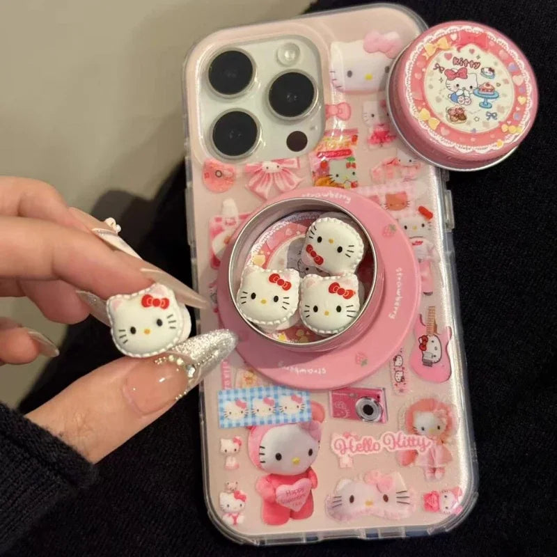 Sticker 3D Cute Sanrio Hello Kitty Magnetic Holder Magsafe Wireless Charge Phone Case For iPhone 17 16 15 14 13 Pro Max Cover