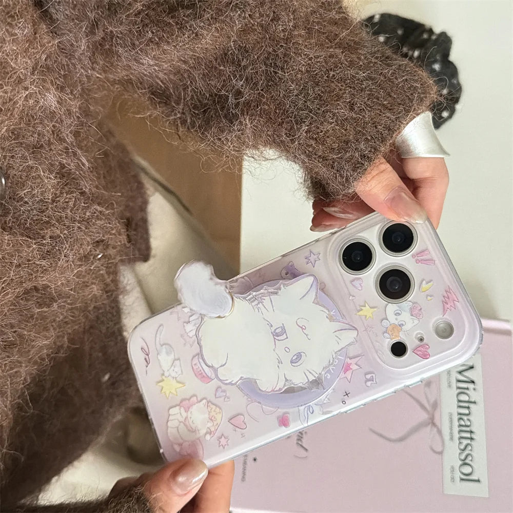 Korean INS Cute Kitten Magnetic Stand phone case for iPhone 13 14 15 17 Pro 16 Pro Max cartoon protective cover For Magsafe Case