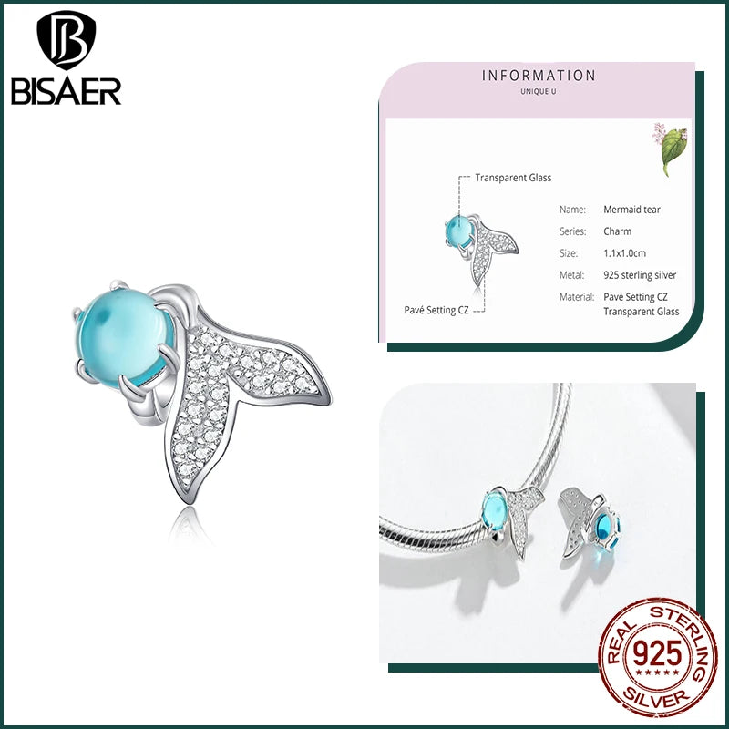 BISAER 925 Sterling Silver Charm Ocean Style Fish Dolphin Mermaid Shell Blue CZ Bead For Necklace&Bracelet DIY Fine Jewelry Gift