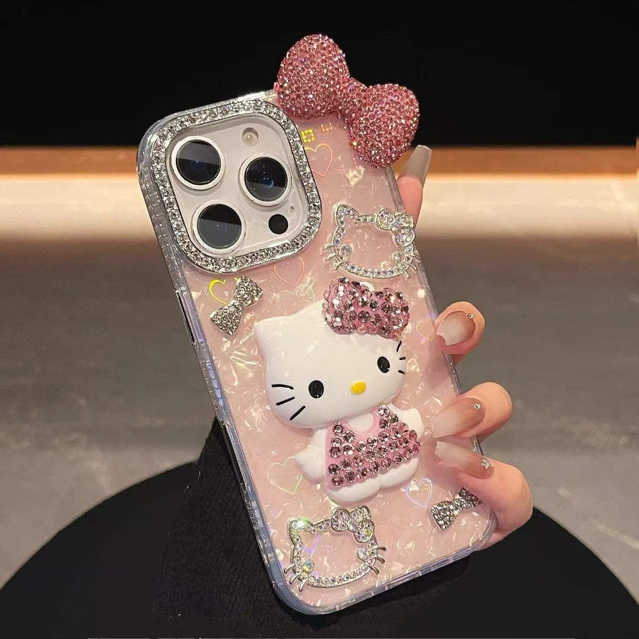 3D Stereoscopic Phone Case For iPhone 17 16 15 14 13 12 11 Pro Max Cute Cartoon Sanrio Hello Kitty Bling Glitter Hard Cover