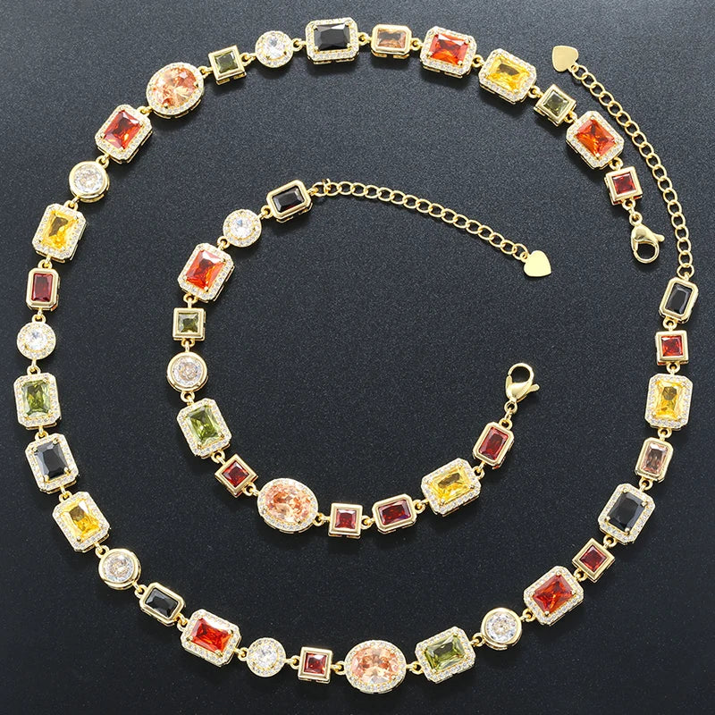 ZHUKOU 18K Golden Plated Spliced Colorful CZ Gemstone Bracelet Necklace With Hip Hop Style Unisex Couple Jewelry：VL561 VL562