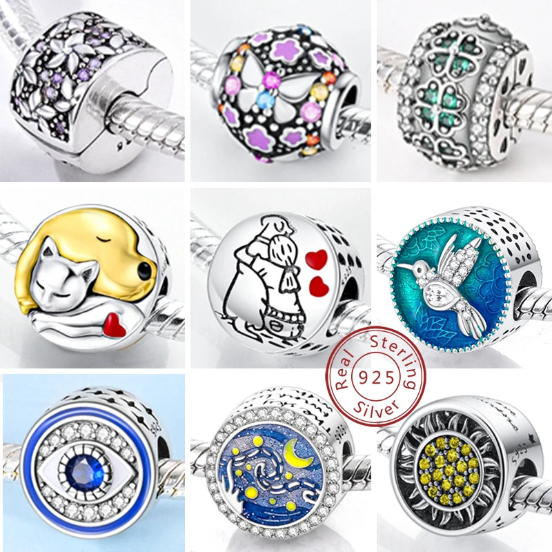 Silver Charm 925 Sterling Silver Clip Charms Safety Chain Charm CZ pave Round Clip Beads Fit Original Bracelet Jewelry Making