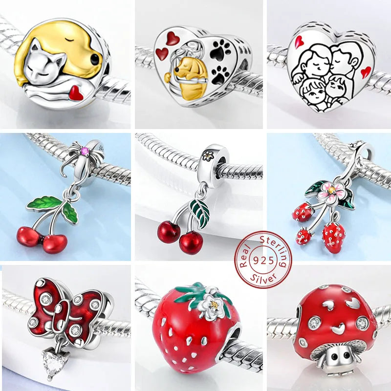 New 925 Sterling Silver Charms Bead Red Cherry Strawberry Love Heart Charm Fit Original Bracelet Pendant DIY Jewelry For Women