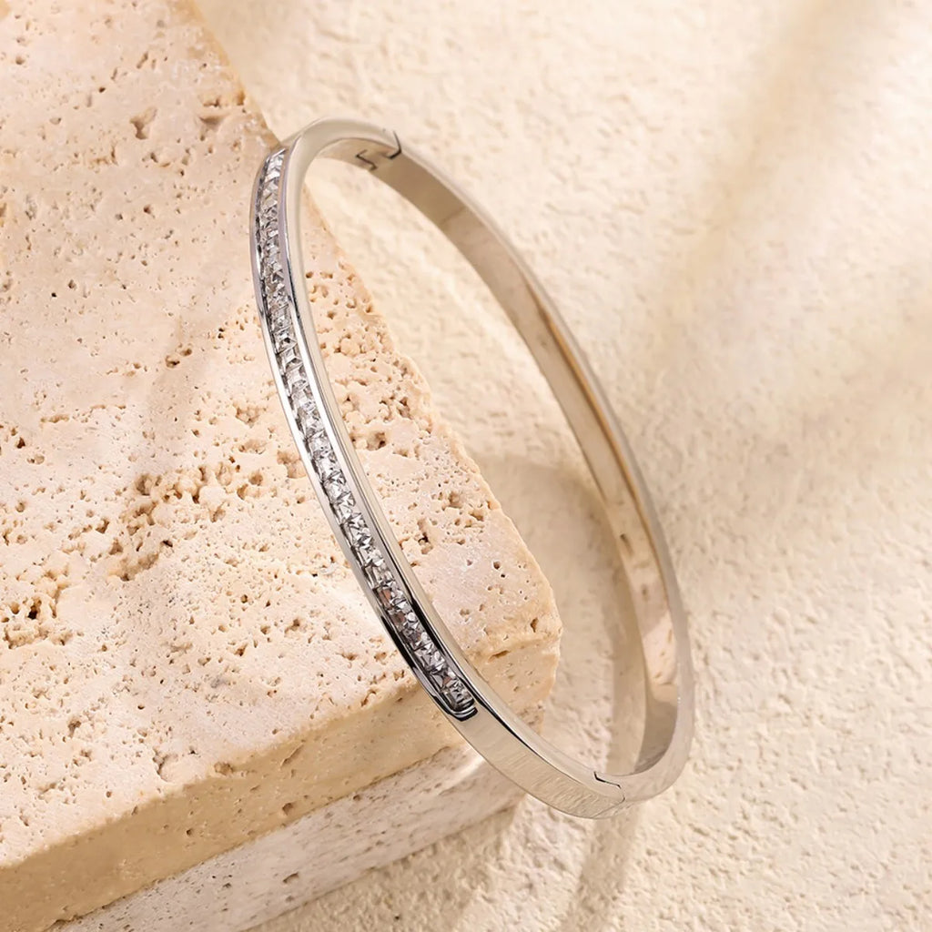 Yupsk 5Pcs/set Silver Color Stainless Steel Bracelet Shiny Zircon Inlaid Stackable Bangles Female Jewelry Gift