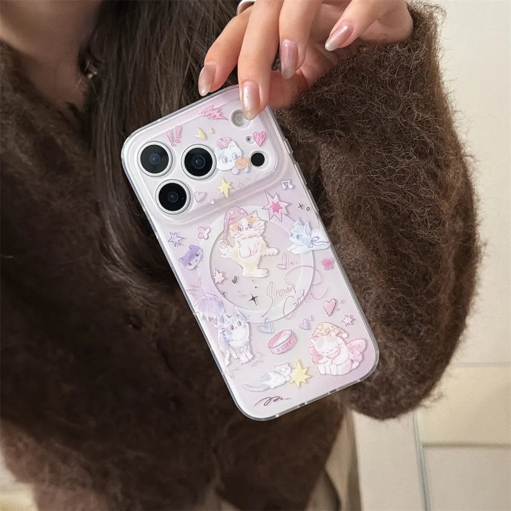 Korean INS Cute Kitten Magnetic Stand phone case for iPhone 13 14 15 17 Pro 16 Pro Max cartoon protective cover For Magsafe Case