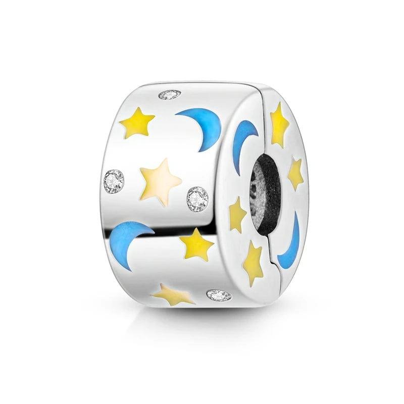 Silver Charm 925 Sterling Silver Clip Charms Safety Chain Charm CZ pave Round Clip Beads Fit Original Bracelet Jewelry Making