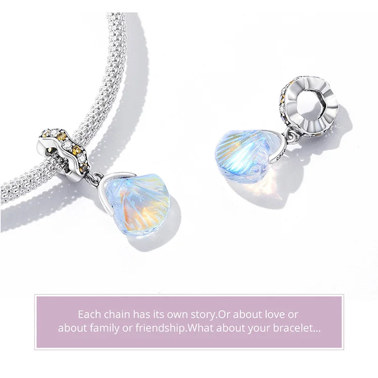 BISAER 925 Sterling Silver Charm Ocean Style Fish Dolphin Mermaid Shell Blue CZ Bead For Necklace&Bracelet DIY Fine Jewelry Gift