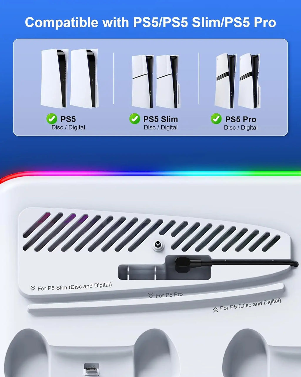 For PS5/Slim/Pro Cooling Stand with LED Controller Charging Station, 3-Gear Cooling Fan for PlayStation 5 Console Accessories