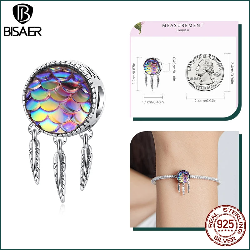 BISAER 925 Sterling Silver Charm Ocean Style Fish Dolphin Mermaid Shell Blue CZ Bead For Necklace&Bracelet DIY Fine Jewelry Gift