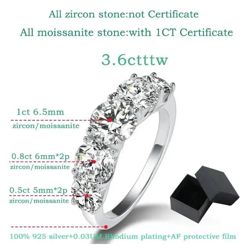 3.6CT All Moissanite Rings For Women 5 Stones Sparkling Dia Wedding Band 100% Sterling Silver Jewelry