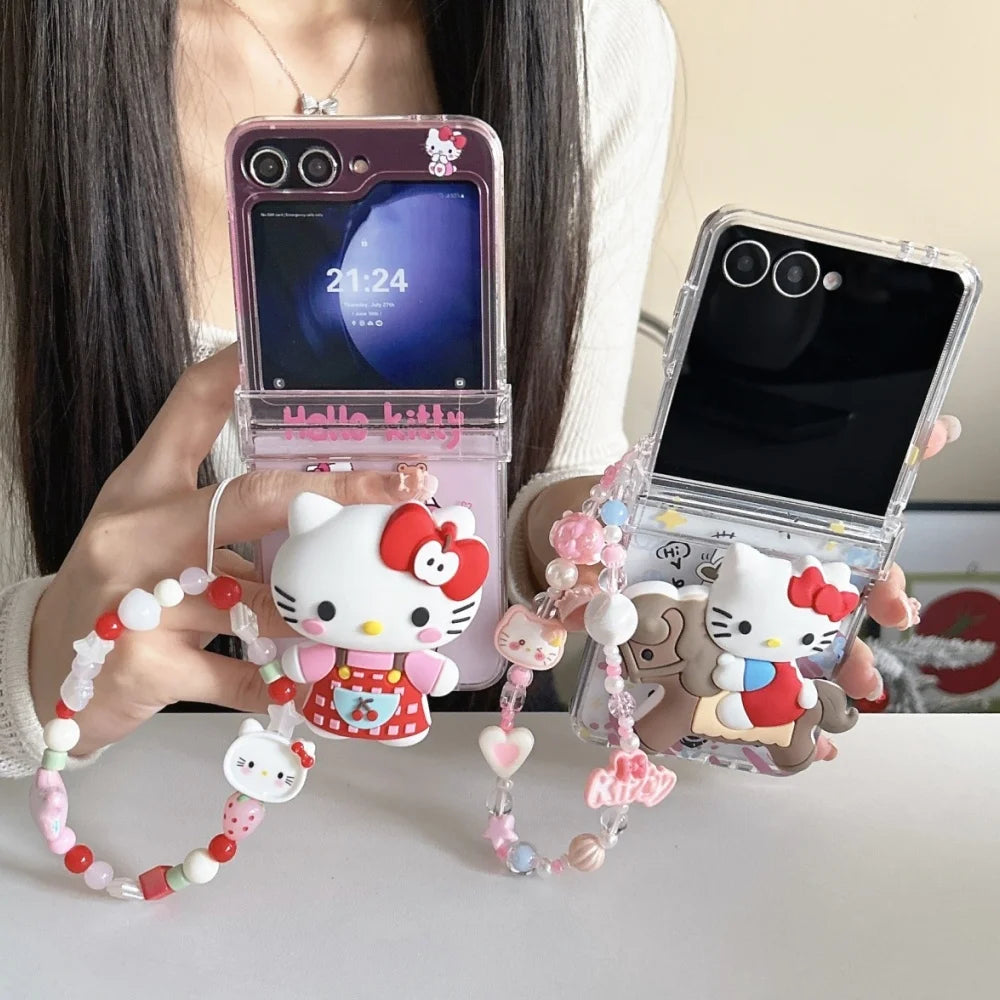 Cute Cartoon Sanrio Hello Kitty Stand Holder Phone Case For Samsung Galaxy Z Flip 7 FE  6 5 4 3 Case Hard TPU Cover With Lanyard