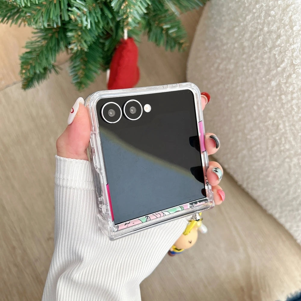 Cute Cartoon Snoopy Charlie Brown Stand Holder Phone Case For Samsung Galaxy Z Flip 7 6 5 4 3 Case Hard TPU Cover With Lanyard