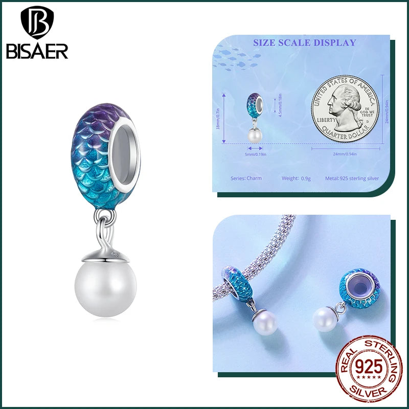 BISAER 925 Sterling Silver Charm Ocean Style Fish Dolphin Mermaid Shell Blue CZ Bead For Necklace&Bracelet DIY Fine Jewelry Gift
