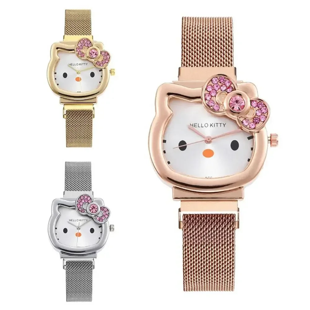 Hello Kitty Bow Diamond Watch Sanrio Anime Fashionable Quartz Watches Cute Cartoon Magnet Watches Girls Birthday Gifts