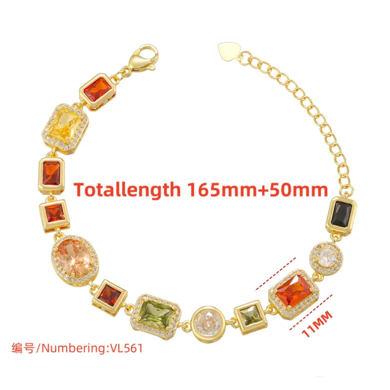 ZHUKOU 18K Golden Plated Spliced Colorful CZ Gemstone Bracelet Necklace With Hip Hop Style Unisex Couple Jewelry：VL561 VL562
