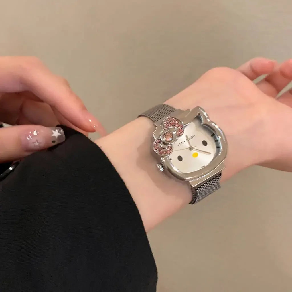 Hello Kitty Bow Diamond Watch Sanrio Anime Fashionable Quartz Watches Cute Cartoon Magnet Watches Girls Birthday Gifts