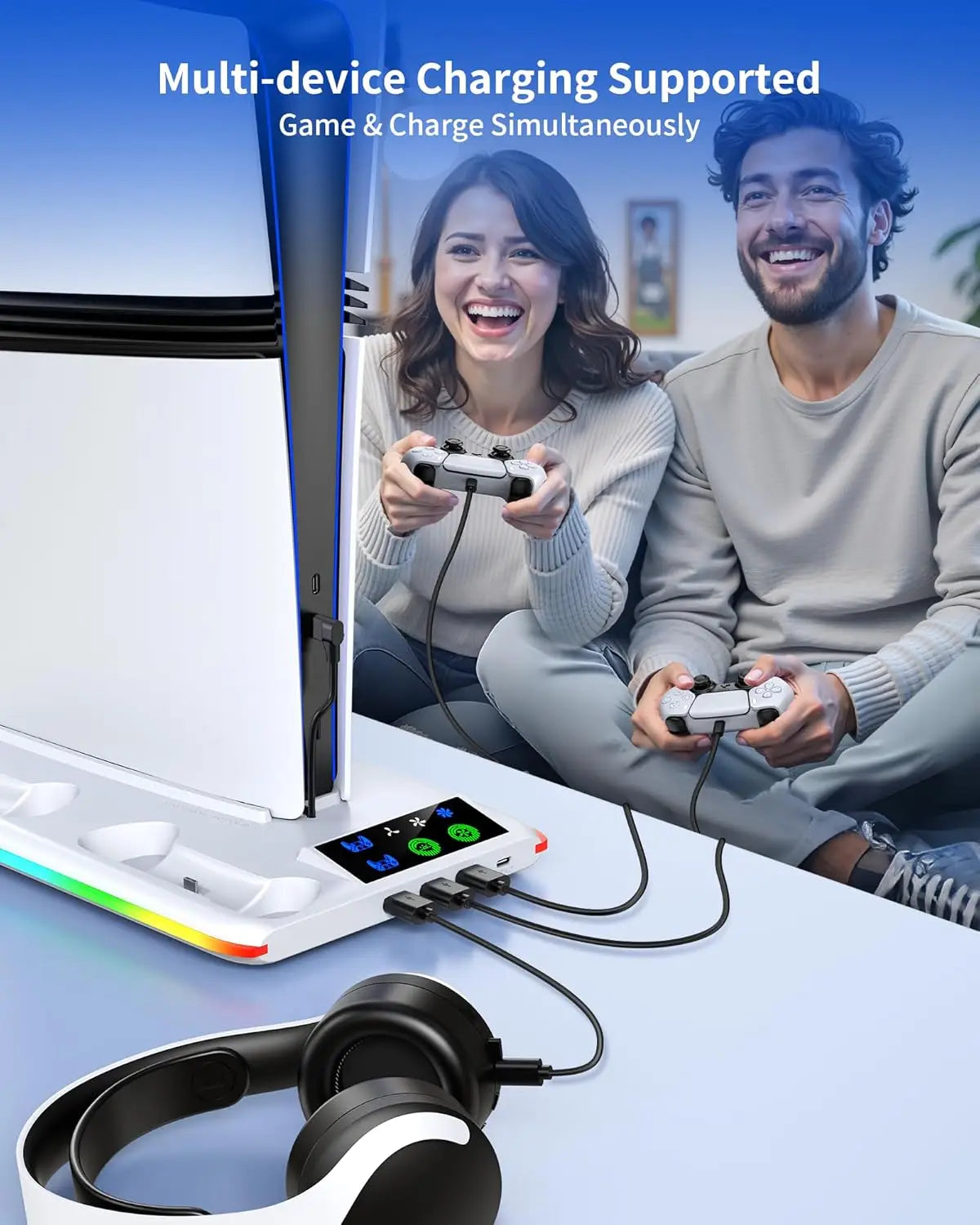 For PS5/Slim/Pro Cooling Stand with LED Controller Charging Station, 3-Gear Cooling Fan for PlayStation 5 Console Accessories