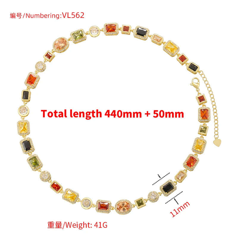 ZHUKOU 18K Golden Plated Spliced Colorful CZ Gemstone Bracelet Necklace With Hip Hop Style Unisex Couple Jewelry：VL561 VL562