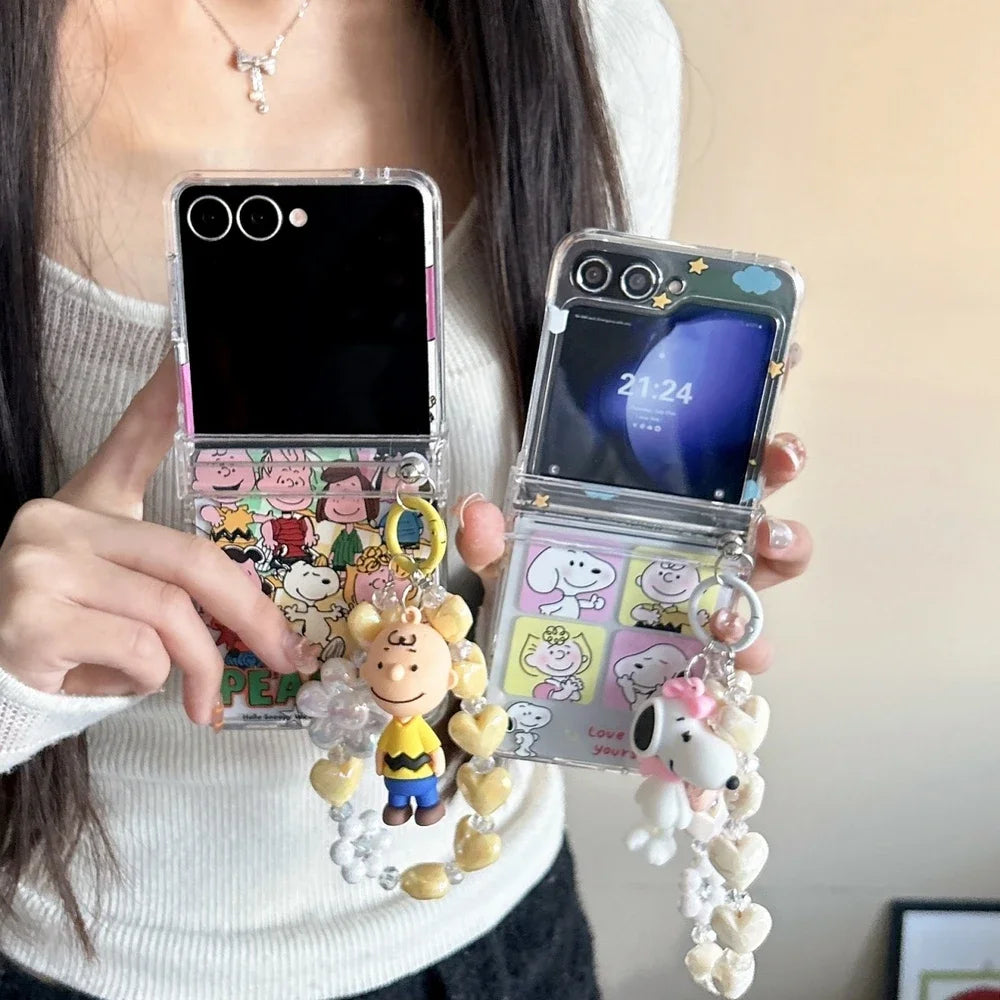 Cute Cartoon Snoopy Charlie Brown Stand Holder Phone Case For Samsung Galaxy Z Flip 7 6 5 4 3 Case Hard TPU Cover With Lanyard