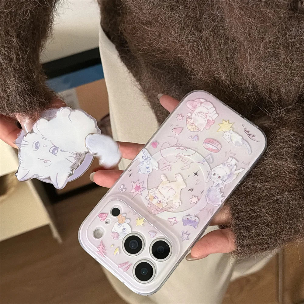 Korean INS Cute Kitten Magnetic Stand phone case for iPhone 13 14 15 17 Pro 16 Pro Max cartoon protective cover For Magsafe Case