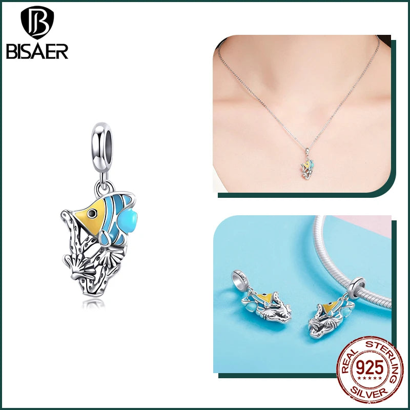BISAER 925 Sterling Silver Charm Ocean Style Fish Dolphin Mermaid Shell Blue CZ Bead For Necklace&Bracelet DIY Fine Jewelry Gift