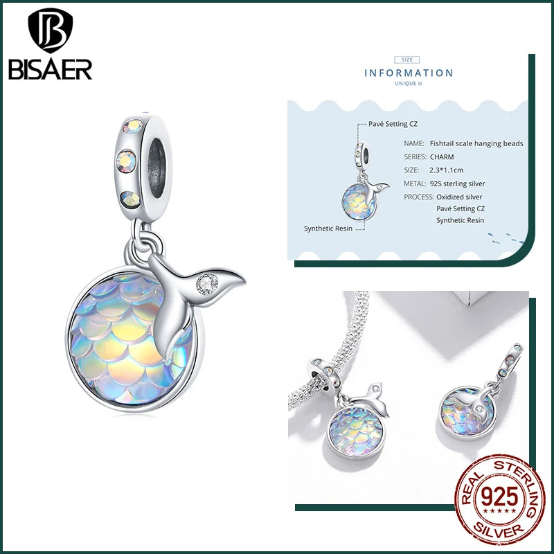 BISAER 925 Sterling Silver Charm Ocean Style Fish Dolphin Mermaid Shell Blue CZ Bead For Necklace&Bracelet DIY Fine Jewelry Gift