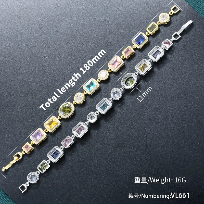 ZHUKOU 18K Golden Plated Spliced Colorful CZ Gemstone Bracelet Necklace With Hip Hop Style Unisex Couple Jewelry：VL561 VL562