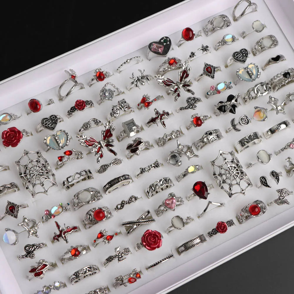 10/20/30/50Pcs/Lot Punk Finger Ring Set For Men Women Mix Style Flower Tai Ji Heart Love Snake Jewelry Party Gifts