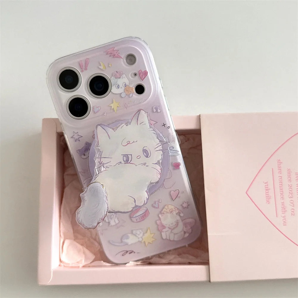Korean INS Cute Kitten Magnetic Stand phone case for iPhone 13 14 15 17 Pro 16 Pro Max cartoon protective cover For Magsafe Case