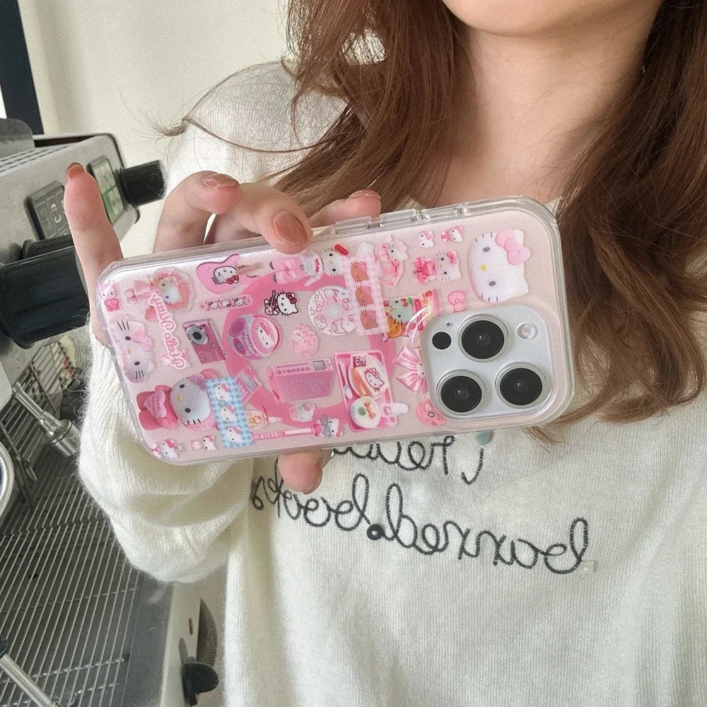 Sticker 3D Cute Sanrio Hello Kitty Magnetic Holder Magsafe Wireless Charge Phone Case For iPhone 17 16 15 14 13 Pro Max Cover