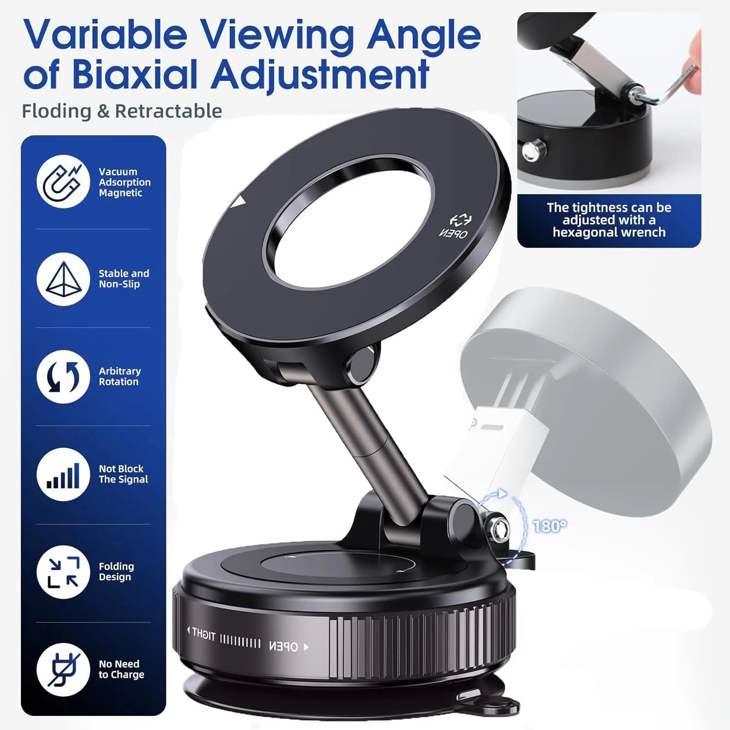Upgraded Aluminum Alloy Vacuum Magnetic Car Phone Holder with 360° Rotation & Foldable Design Strong Magnetic Absorption