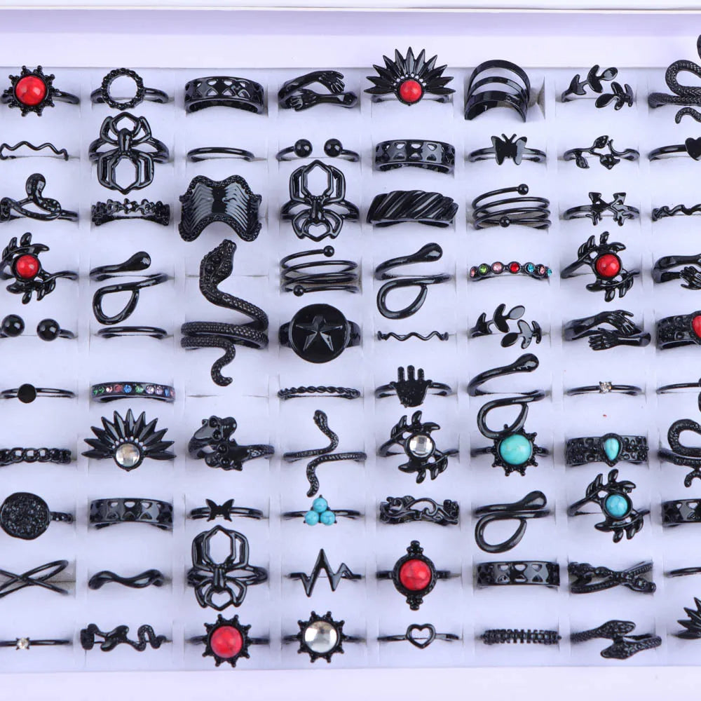 10/20/30/50Pcs/Lot Punk Finger Ring Set For Men Women Mix Style Flower Tai Ji Heart Love Snake Jewelry Party Gifts