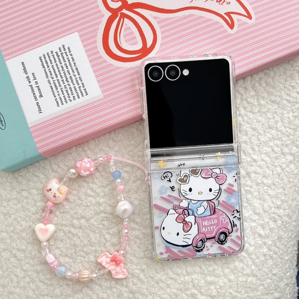 Cute Cartoon Sanrio Hello Kitty Stand Holder Phone Case For Samsung Galaxy Z Flip 7 FE  6 5 4 3 Case Hard TPU Cover With Lanyard
