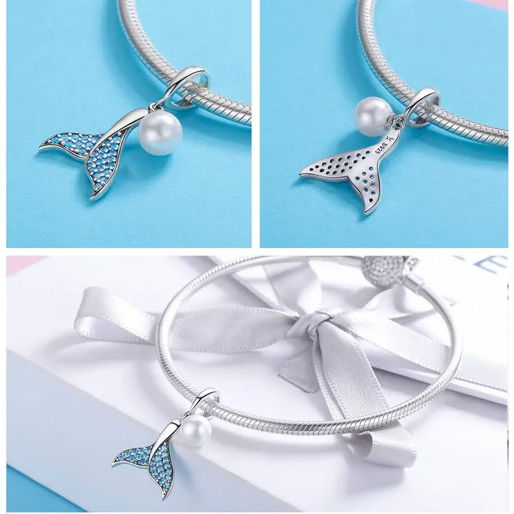 BISAER 925 Sterling Silver Charm Ocean Style Fish Dolphin Mermaid Shell Blue CZ Bead For Necklace&Bracelet DIY Fine Jewelry Gift