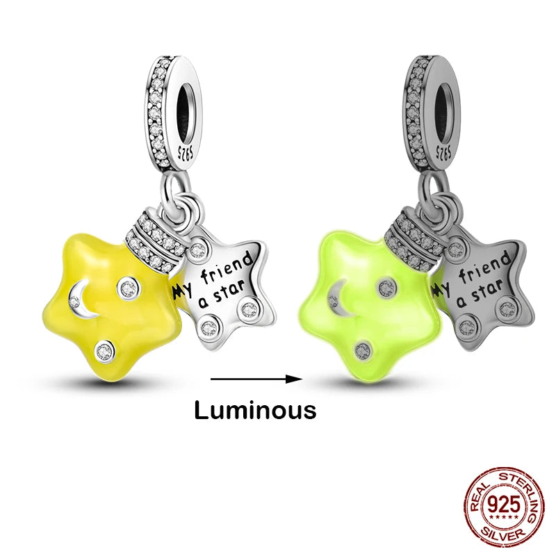 Hot Sale silver-plated Glow in the dark Firefly Honeybee Star Charms Beads Fit Qikaola Original Bracelets Fine DIY Jewelry Gift
