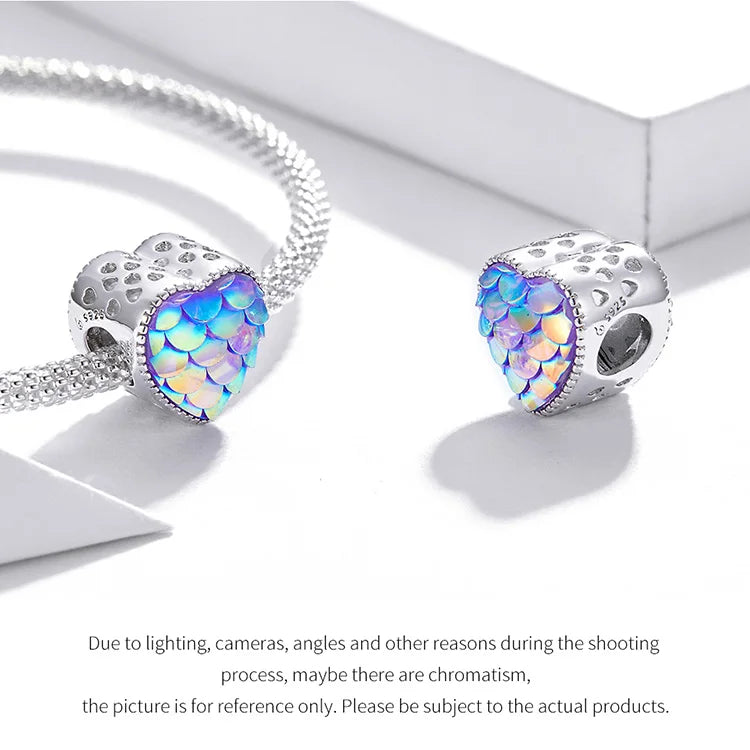 BISAER 925 Sterling Silver Charm Ocean Style Fish Dolphin Mermaid Shell Blue CZ Bead For Necklace&Bracelet DIY Fine Jewelry Gift