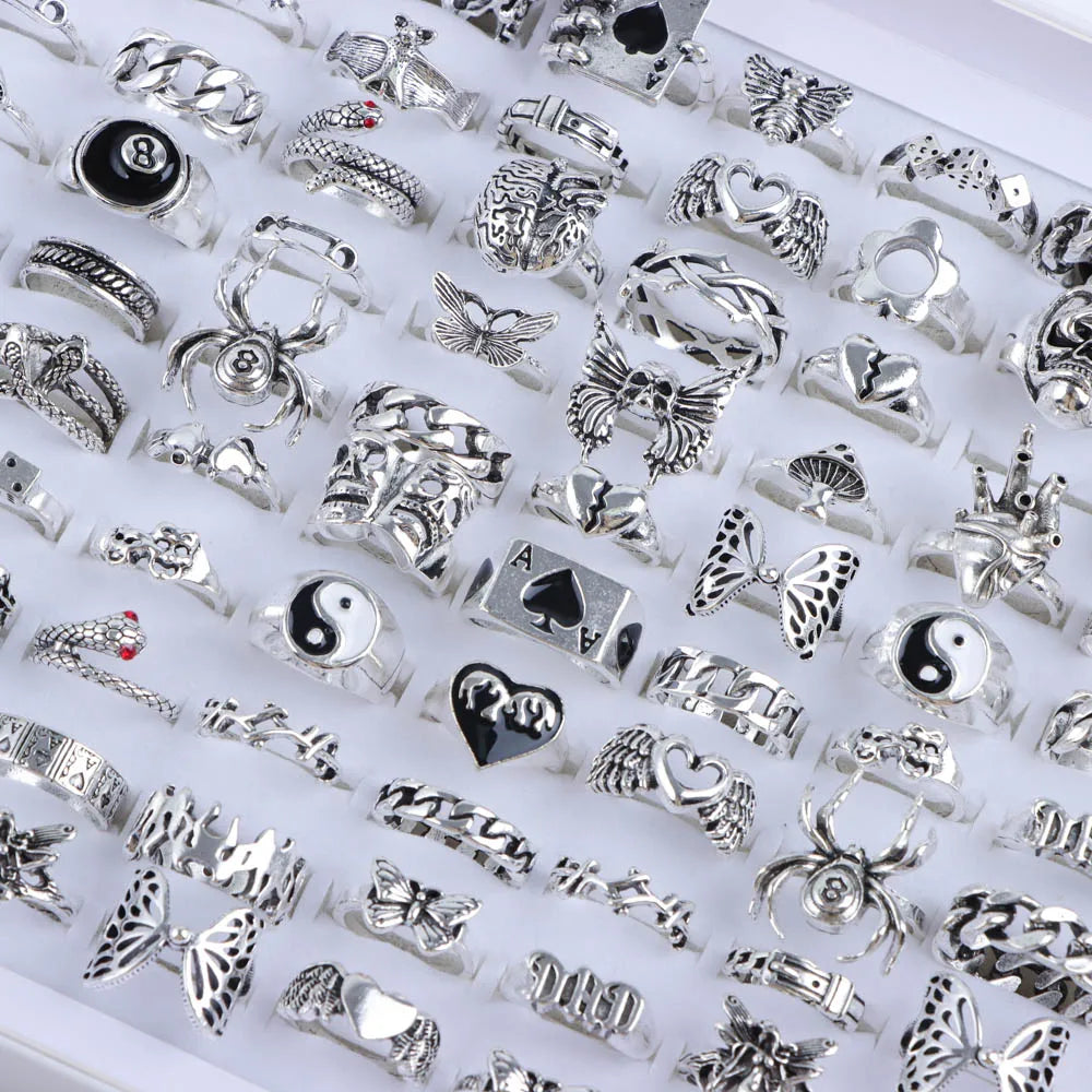 10/20/30/50Pcs/Lot Punk Finger Ring Set For Men Women Mix Style Flower Tai Ji Heart Love Snake Jewelry Party Gifts
